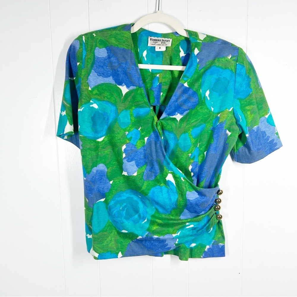VTG Robert Janan Purple Green Floral Wrap Short Sleeve Top 8